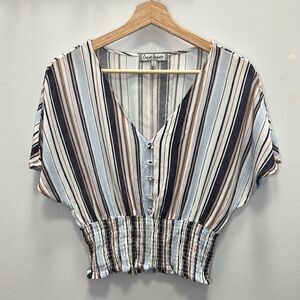 Crave Frame Women’s White Blue Green Striped Batwing Crop Top Size Medium